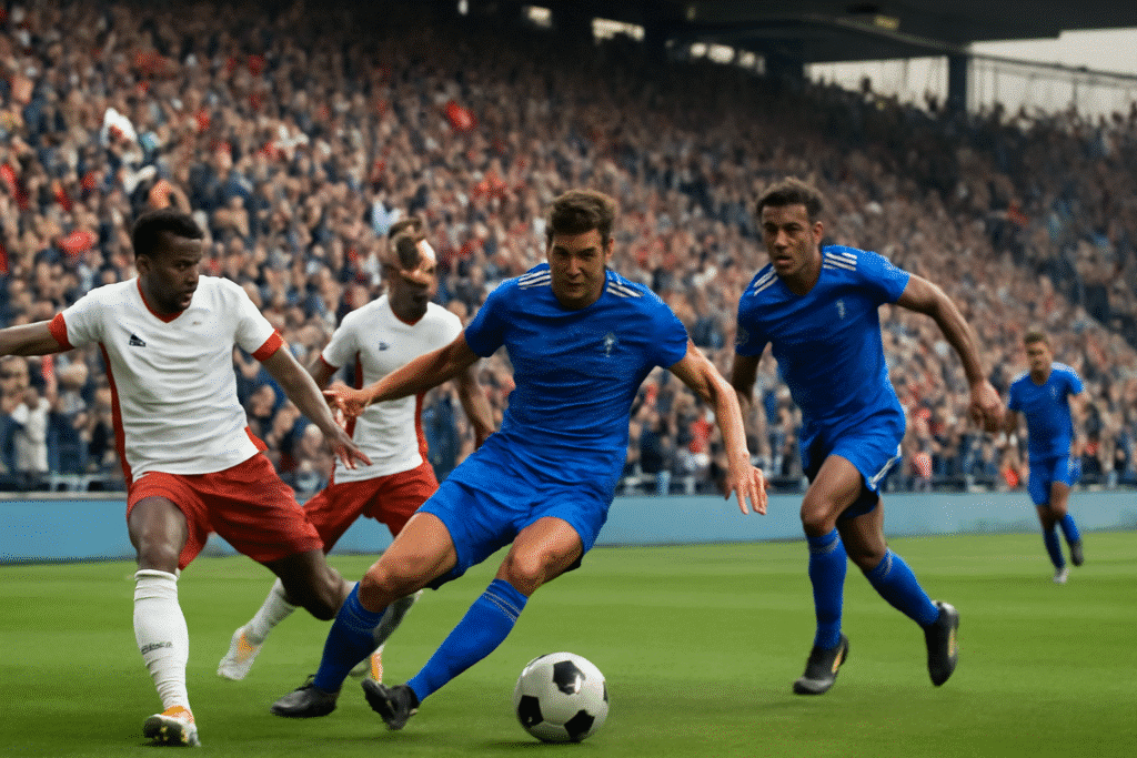 A global football match showcasing the passion and excitement of the sport, with players in action and fans cheering in the stands