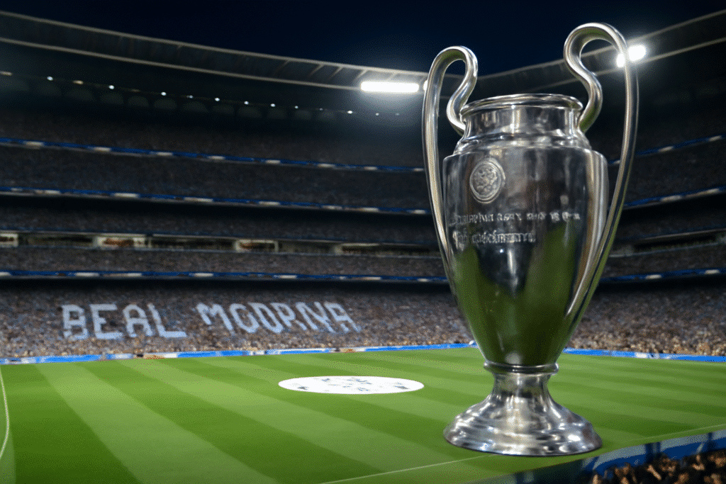 Real Madrid’s Santiago Bernabéu Stadium, home to one of the greatest football teams in history, with the iconic UEFA Champions League trophy.